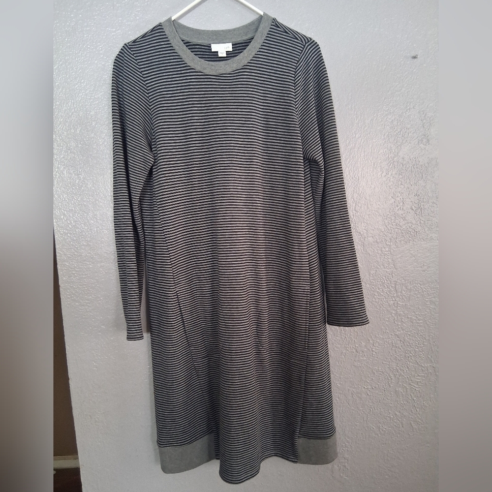 J Jill Sweatshirt Dress Knit Pockets Long Sleeve Crewneck Black Gray Stripe S